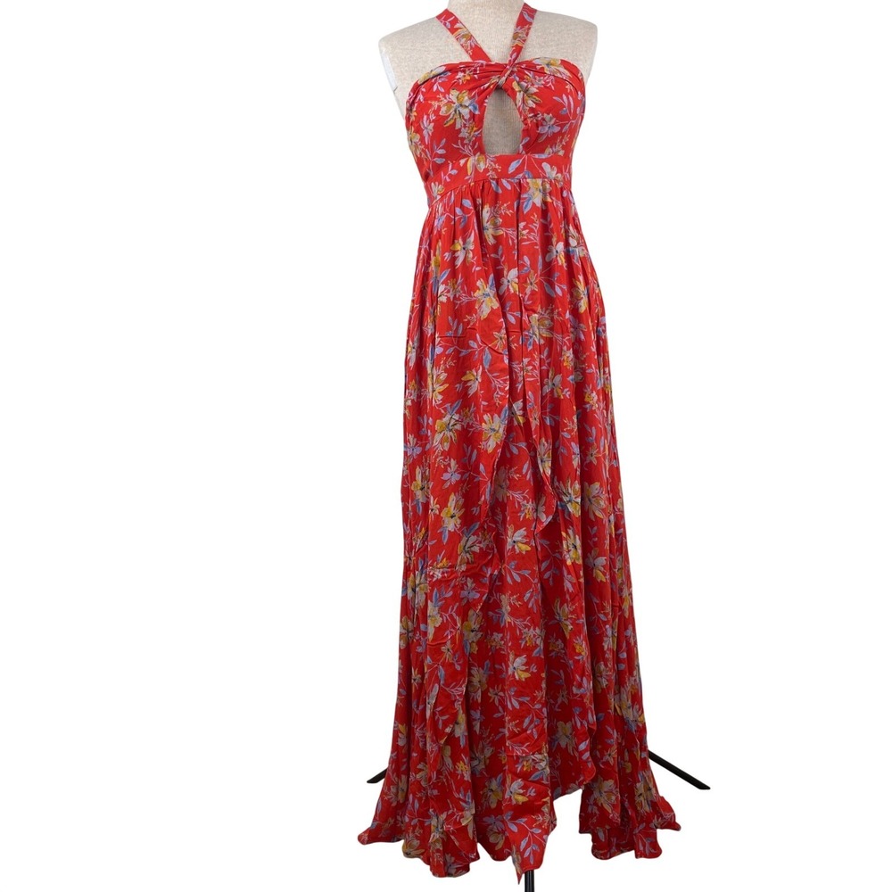 Kimchi Blue Red Floral Halter Maxi Dress Keyhole Cutout Slit Size 0 NWT - Picture 2 of 12